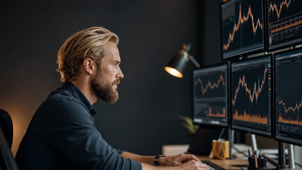Bearded man analysing price charts on multiple monitors, lifestyle photo
