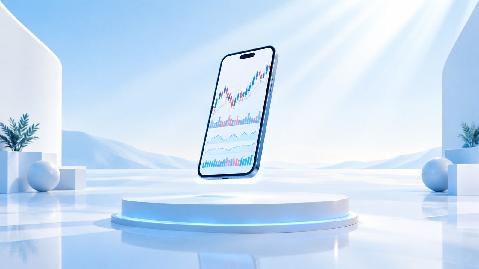 Aplikasi trading emas: ponsel melayang menampilkan grafik trading di panggung 3D minimalis