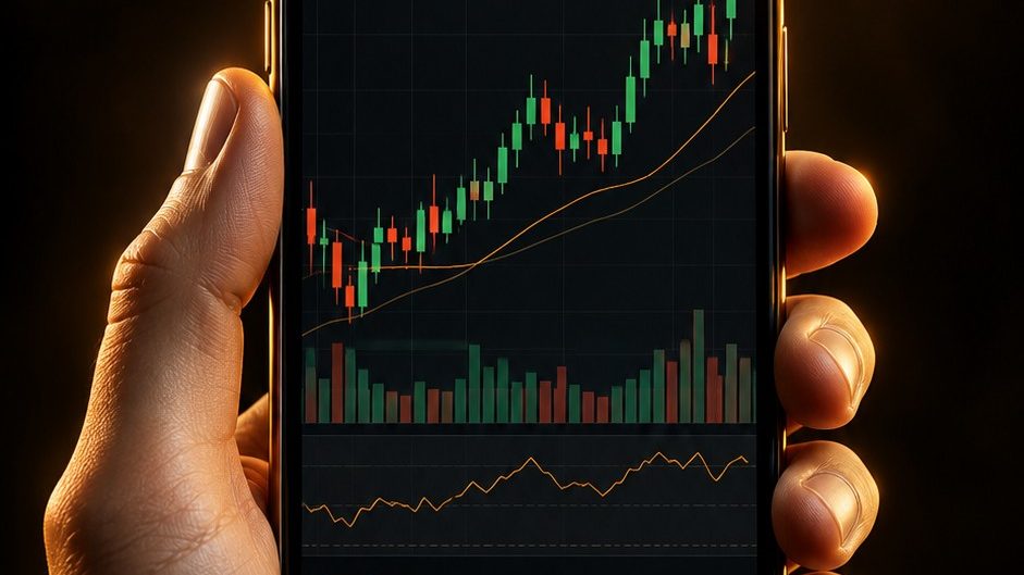 Tangan memegang ponsel berisi aplikasi trading dengan grafik candlestick, render bergaya produk