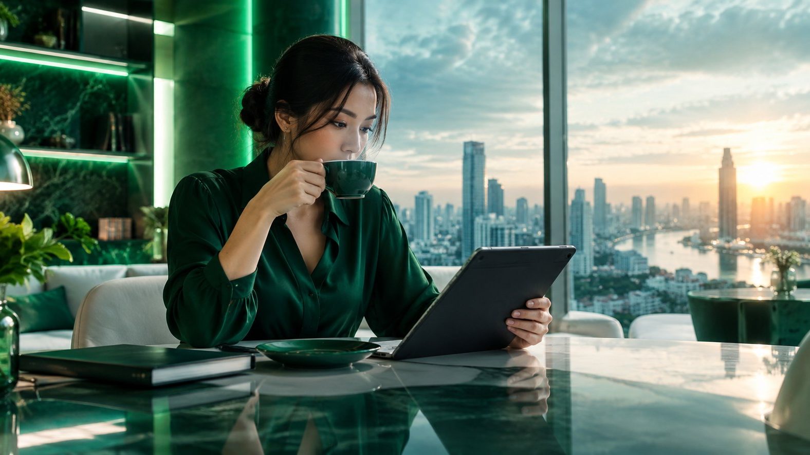 Seorang perempuan muda minum kopi sambil meninjau portofolio di tablet, gaya sinematik