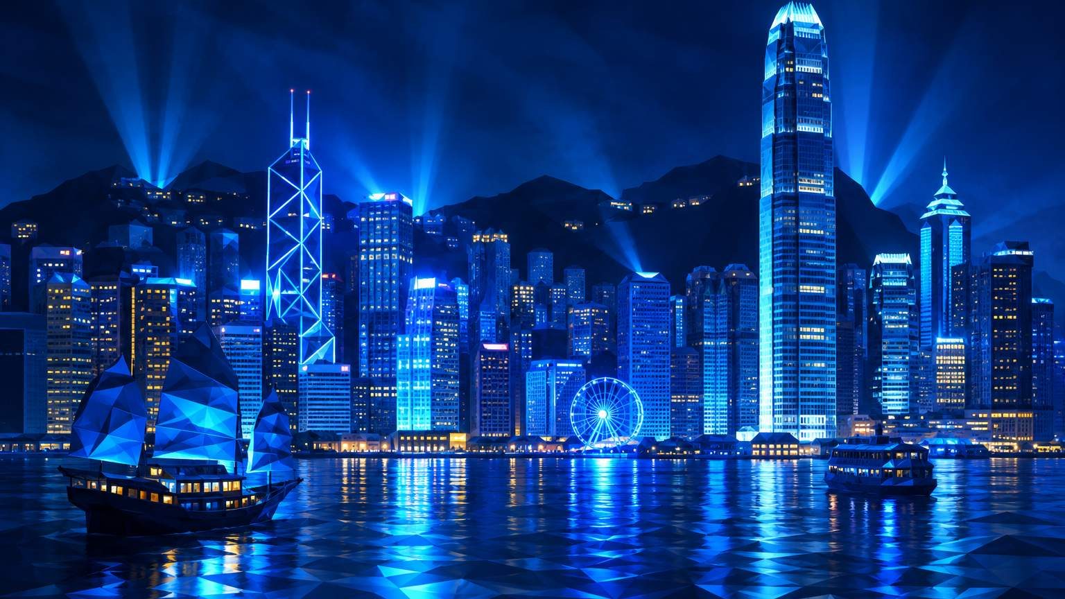 香港維多利亞港城市天際線的低多邊形3D藝術