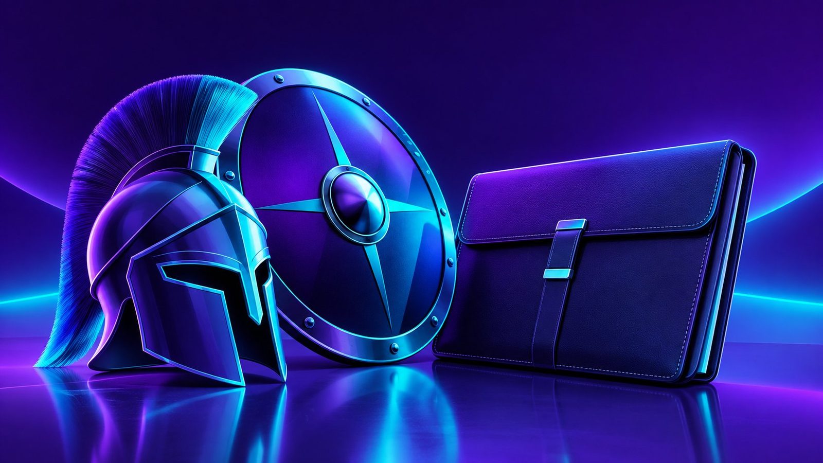 Risk management in trading: a helmet and shield beside a portfolio, flat vector