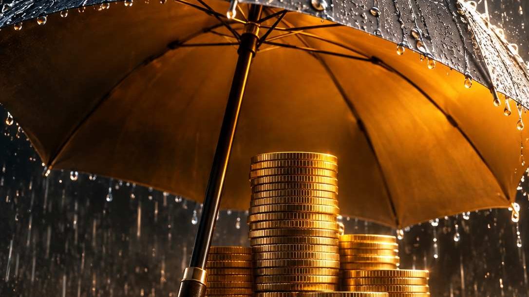 Umbrella protecting a stack of coins from rain, a symbol of capital protection