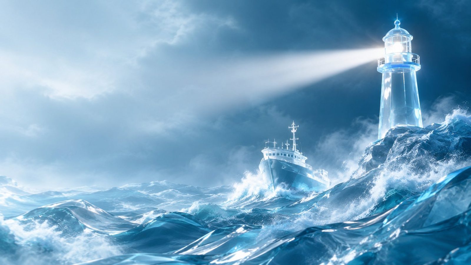 Lighthouse guiding a ship through stormy market waves, glassy 3D render