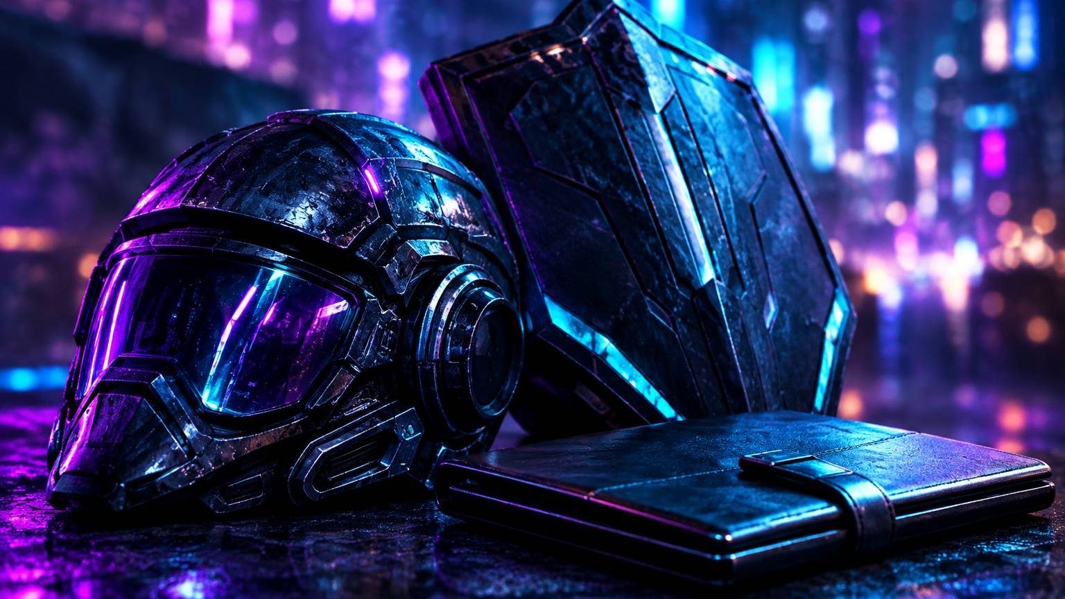 Helm dan perisai di samping portofolio, seni digital futuristik tentang perlindungan modal