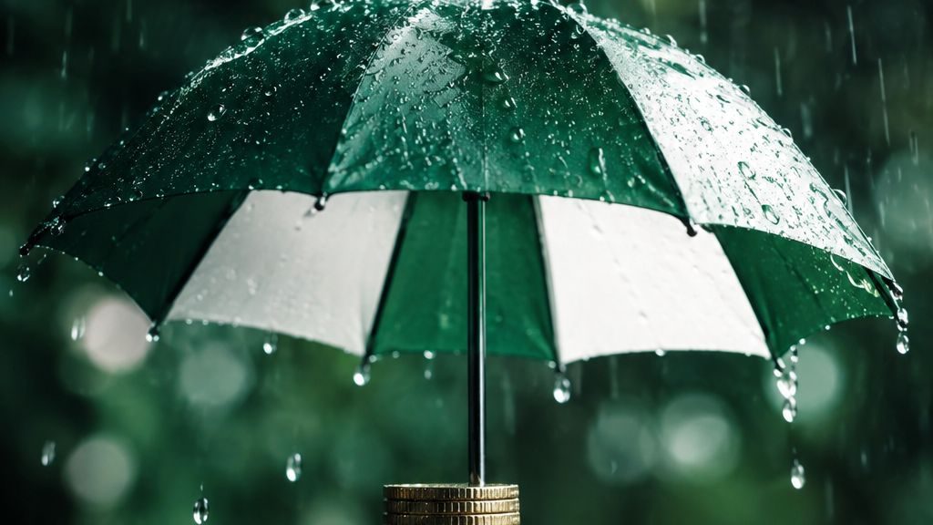 雨傘為一疊硬幣遮擋雨水的寫實影像,象徵資金保護