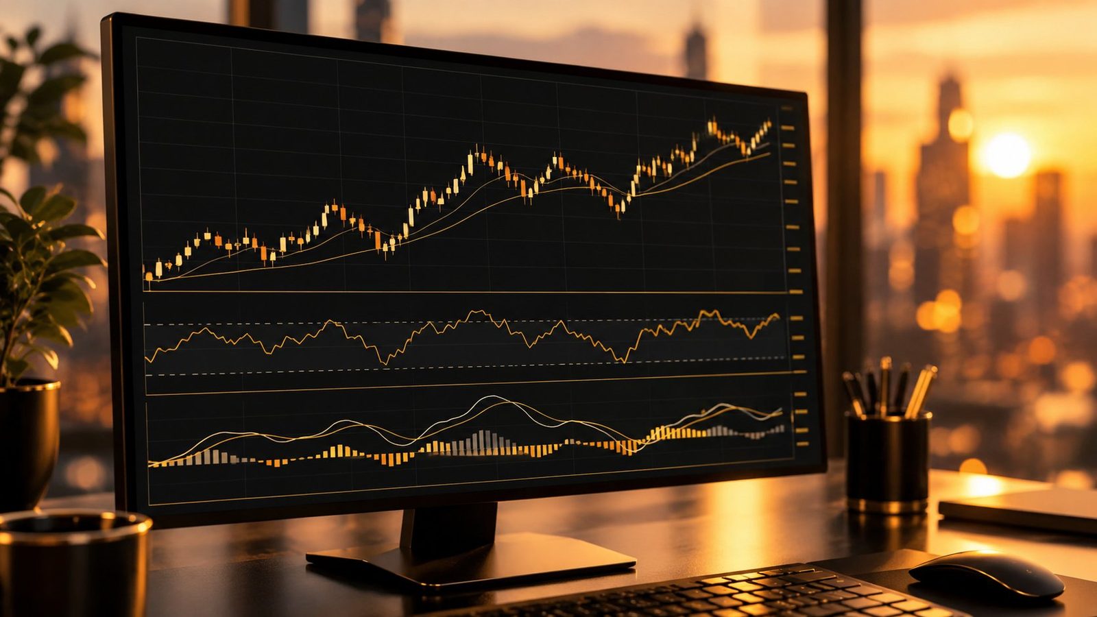 مؤشر RSI ومؤشر MACD على رسم بياني للفوركس تعرضه شاشة عريضة، رسم متجهي مسطح