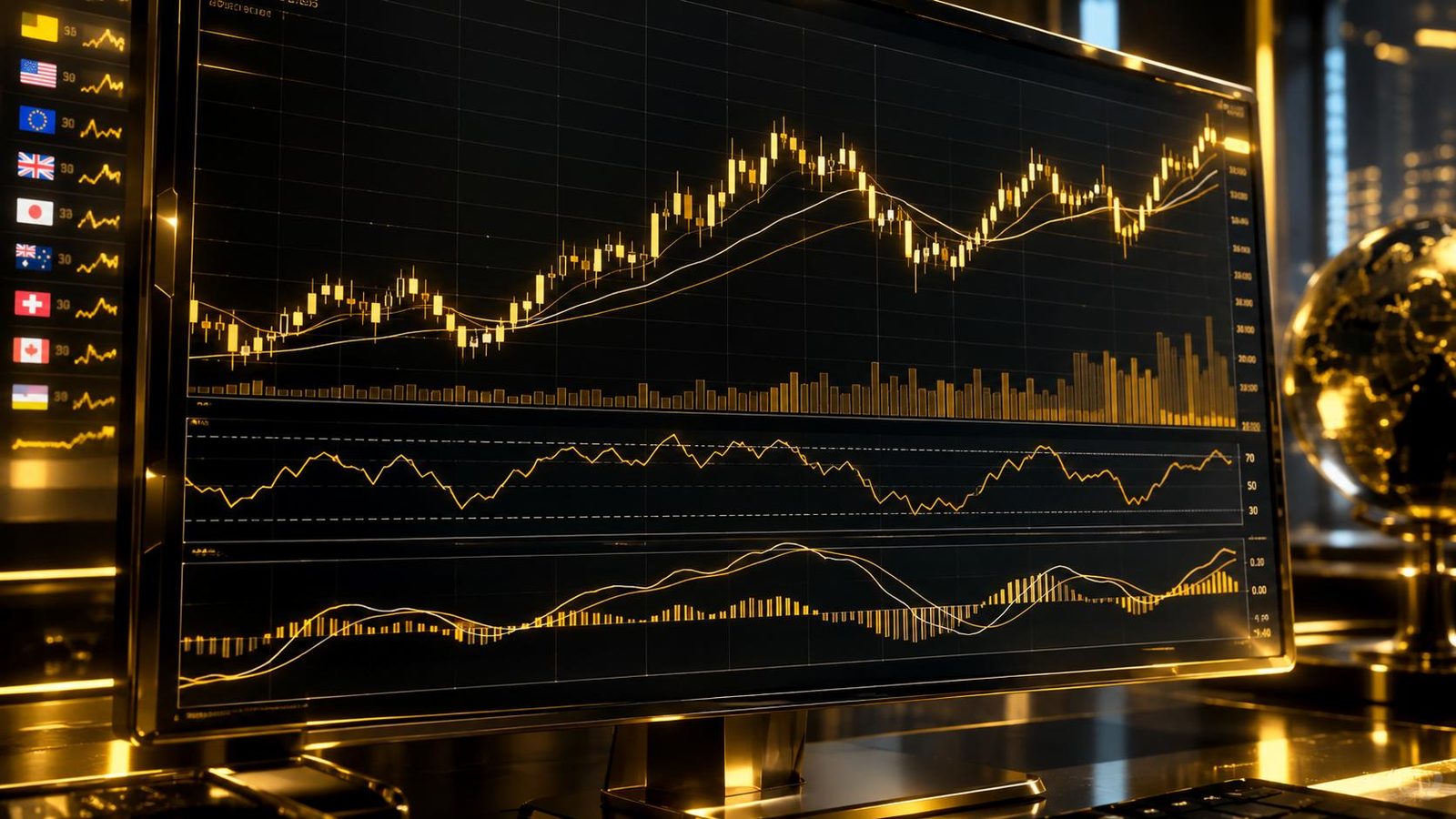 RSI indicator and MACD on a widescreen monitor showing a forex chart, 3D render