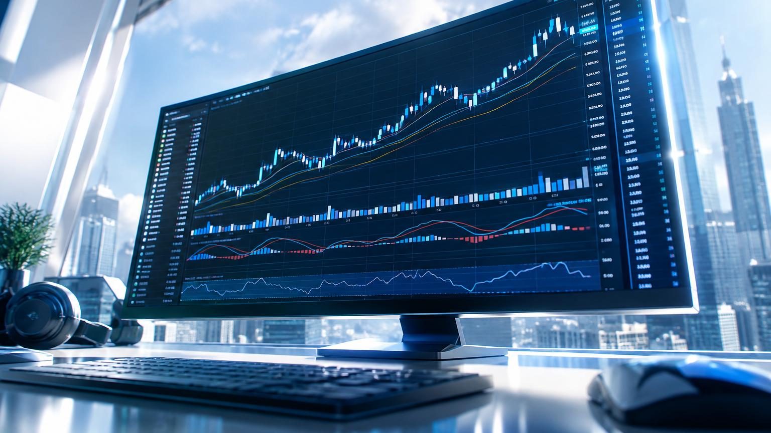 Trading terminal displaying technical indicators and moving averages, editorial photo