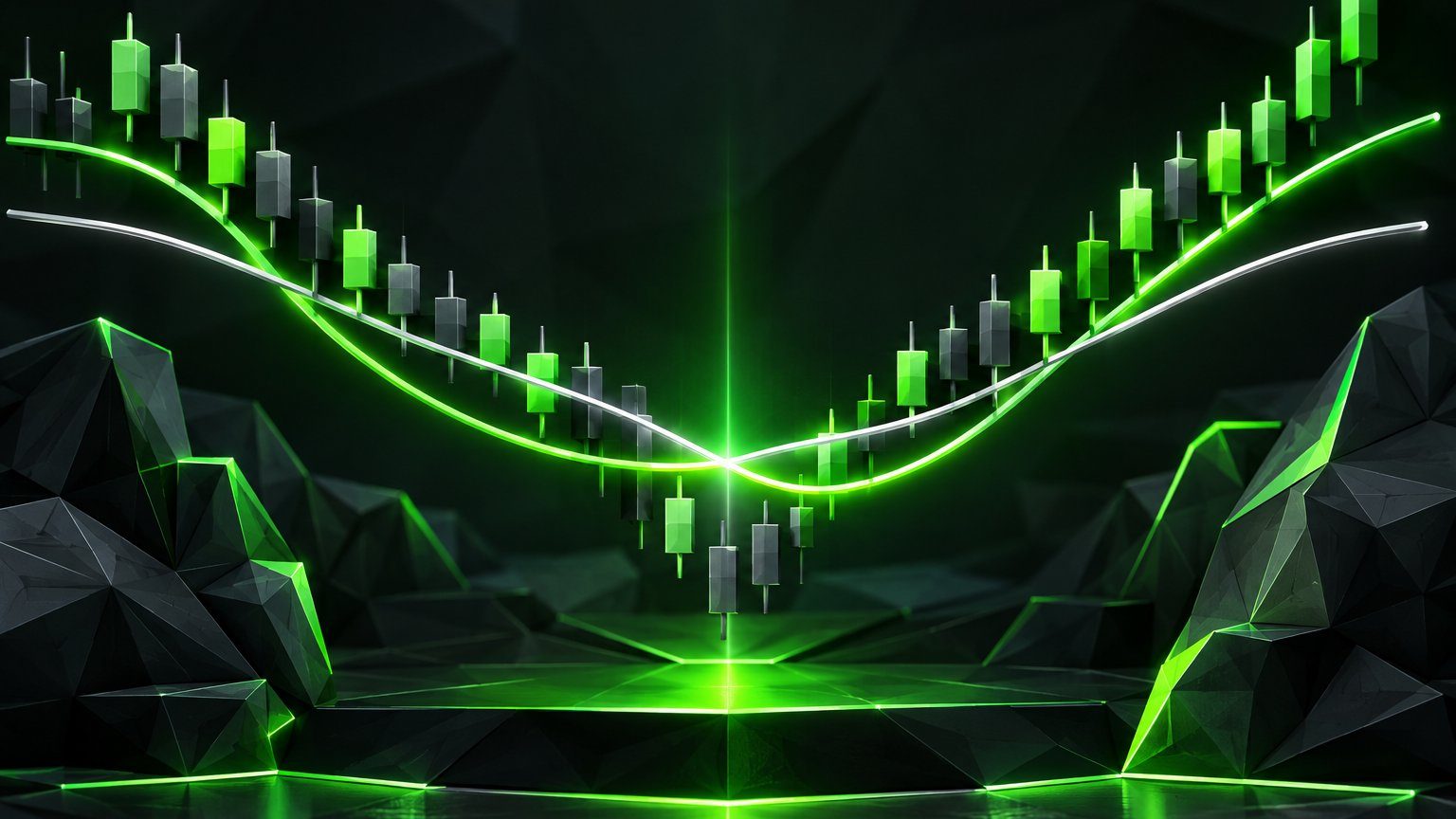 Moving average crossover visualised in neon low-poly 3D art