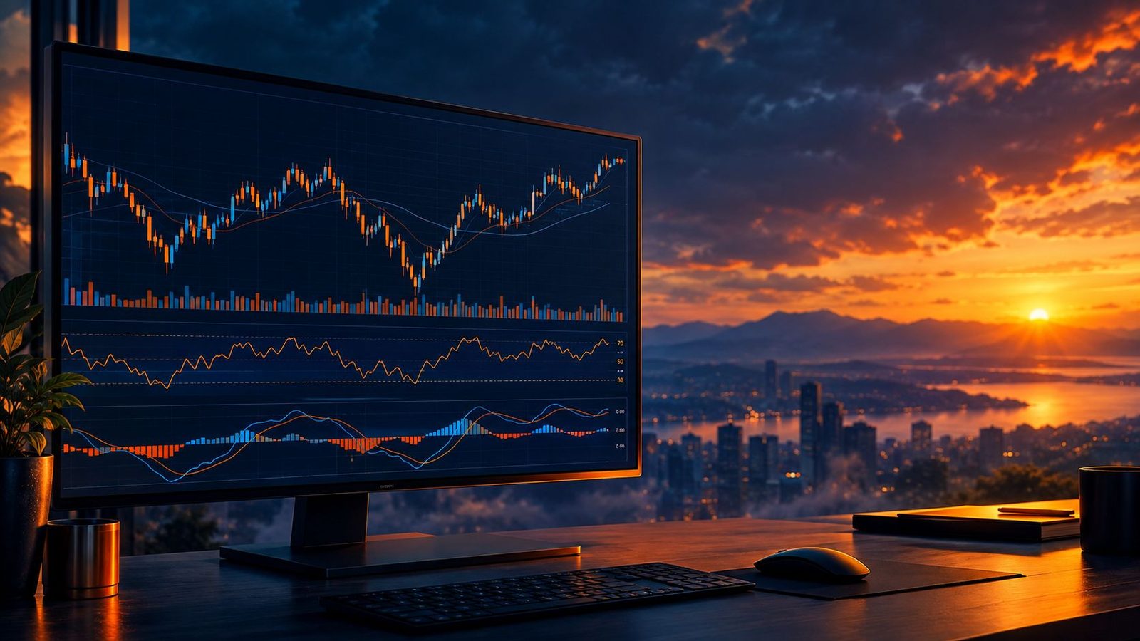Indikator RSI dan MACD pada grafik forex di monitor layar lebar, lukisan digital