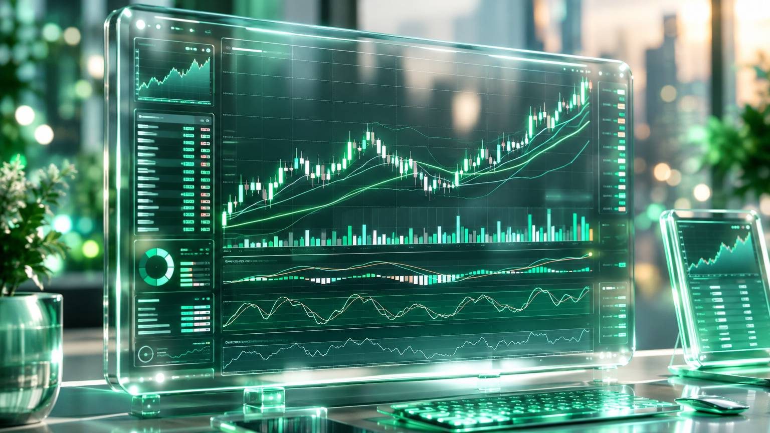 Render 3D kaca terminal trading dengan indikator teknikal dan garis moving average