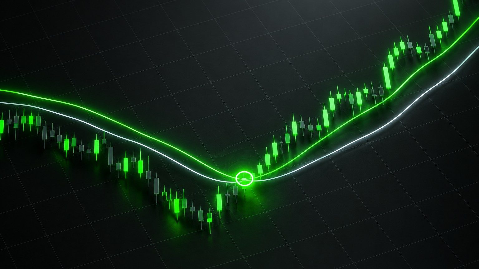 Ilustrasi minimalis persilangan moving average bergaya neon sebagai sinyal perubahan tren