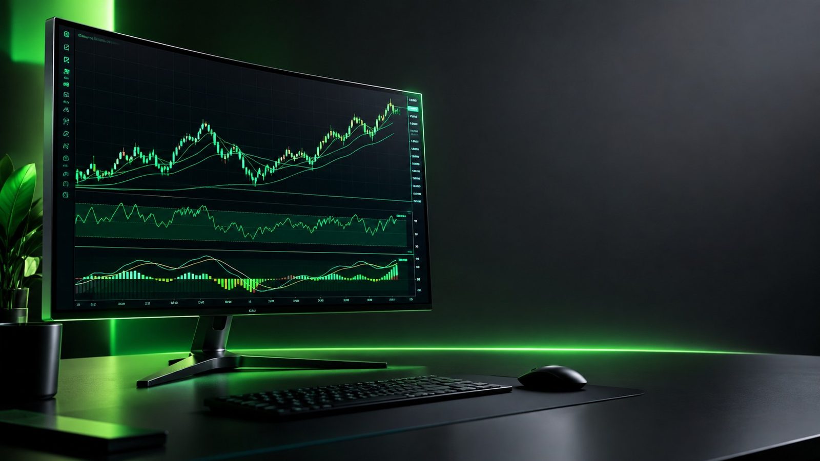 rsi คือ อะไร: จอไวด์สกรีนแสดงกราฟ forex พร้อมอินดิเคเตอร์ RSI และ MACD ภาพเรนเดอร์สไตล์สินค้า