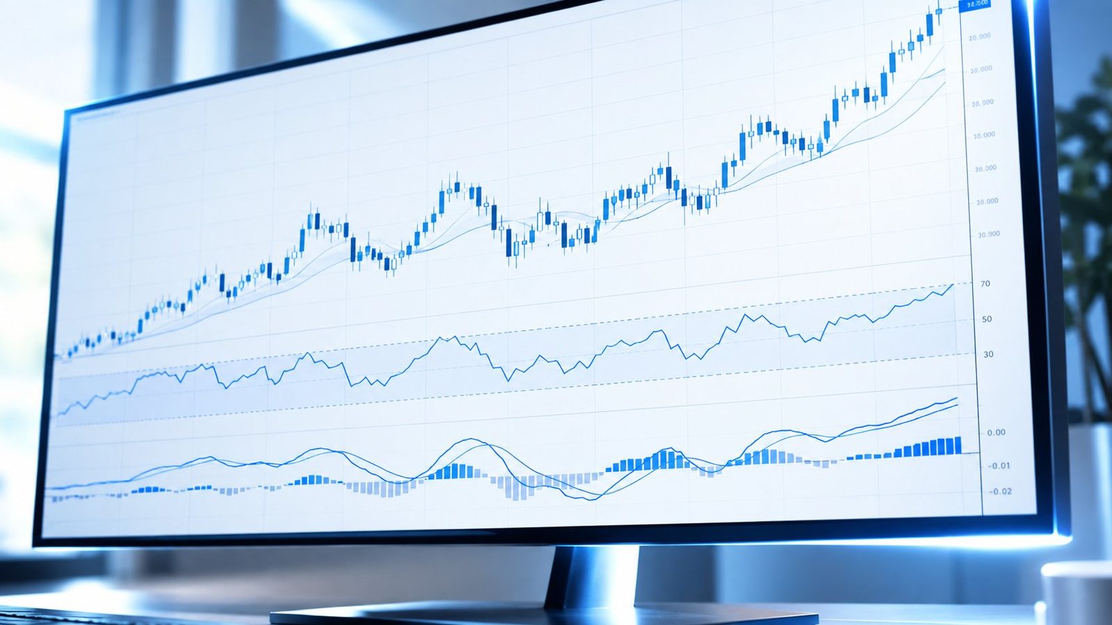 MACD 與 RSI 指標：寬螢幕顯示外匯走勢圖及技術指標的極簡插畫