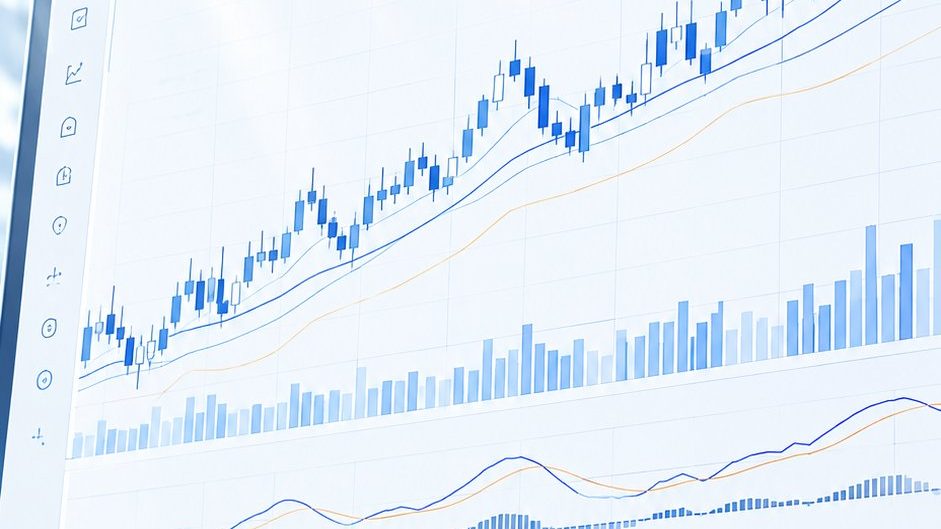 顯示技術指標與移動平均線的交易終端扁平向量插畫