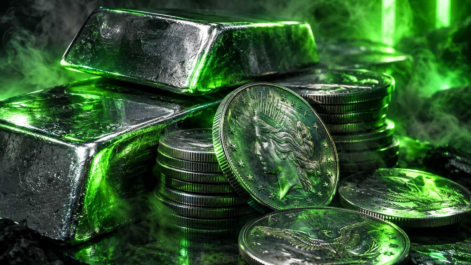 تداول الفضة: سبائك وعملات فضية مكدسة، لوحة رقمية