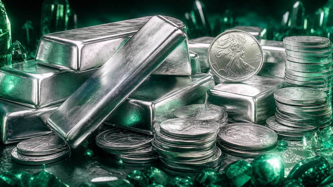 Silver trading concept: silver bullion bars and coins in a cinematic 3D render