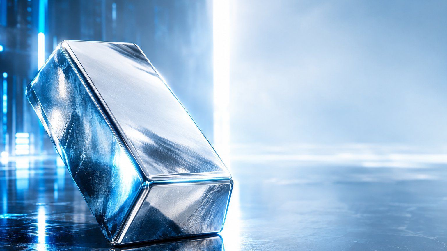Platinum bar with bright reflections in futuristic digital art, a related precious metal
