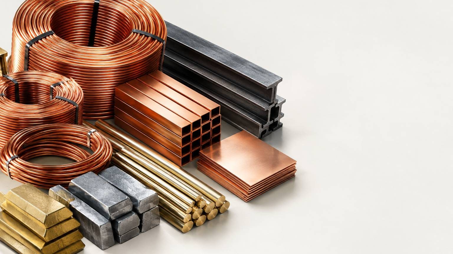 Copper coils and industrial metals, reflecting industrial demand for metals, isometric 3D