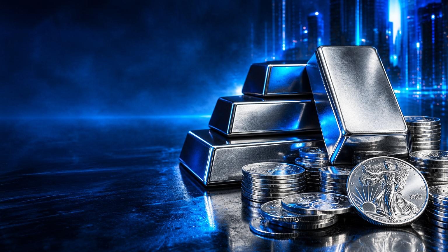 Trading perak: perak batangan dan koin perak dalam seni digital futuristik