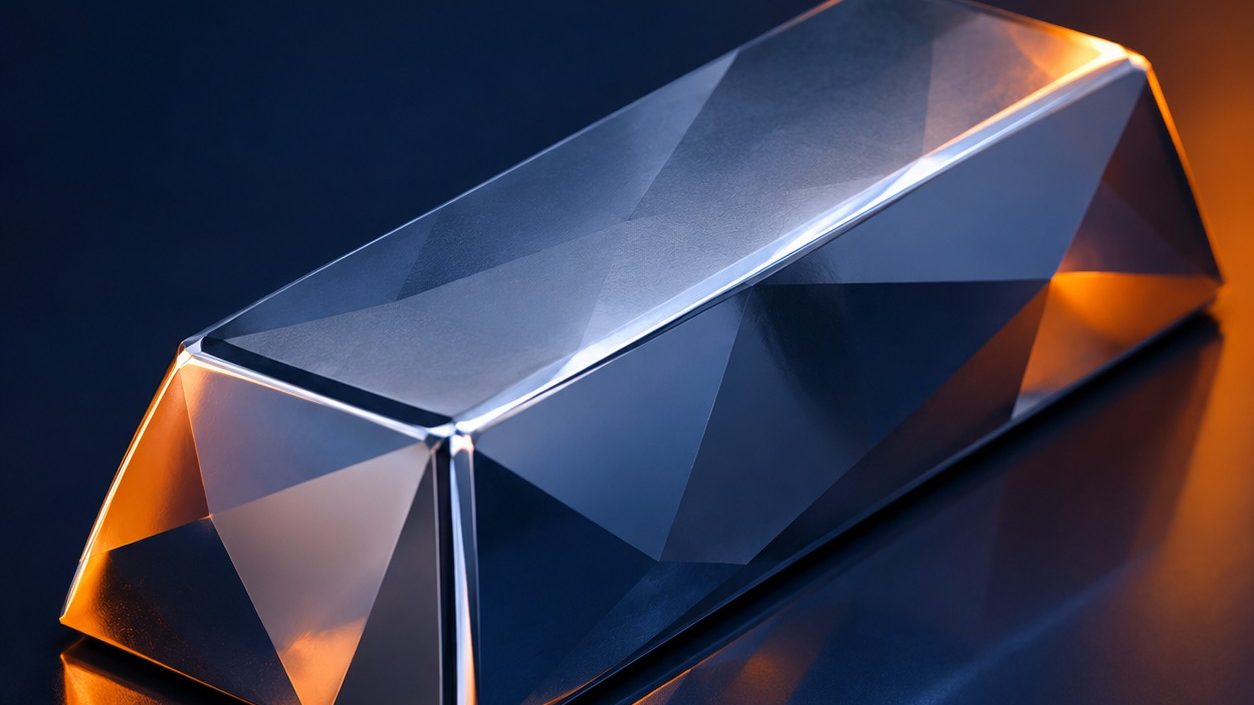Batang platinum berkilau dengan pantulan cahaya dalam seni 3D low-poly, logam mulia lain