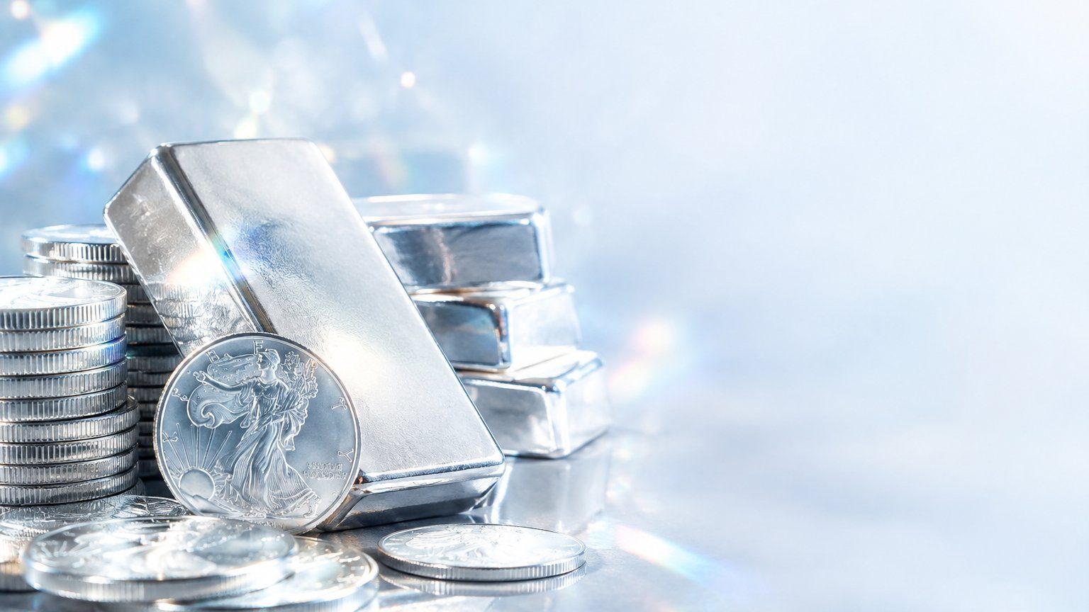 白銀交易概念：銀條與銀幣的寫實影像