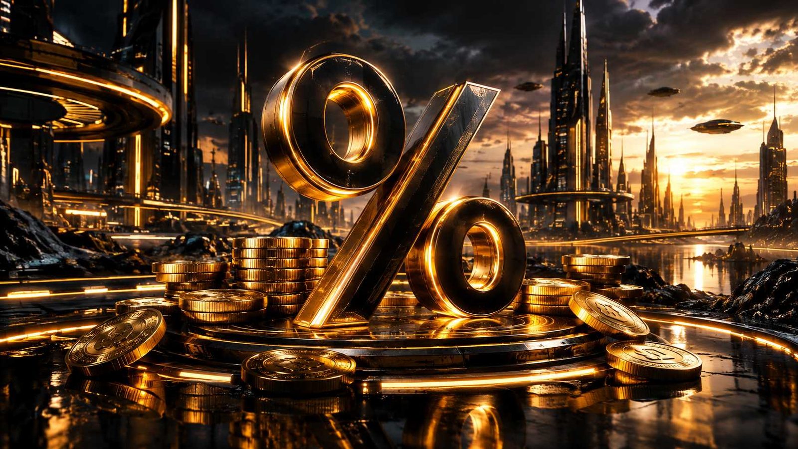 Forex spread and costs concept: a percentage sign with coins in futuristic digital art