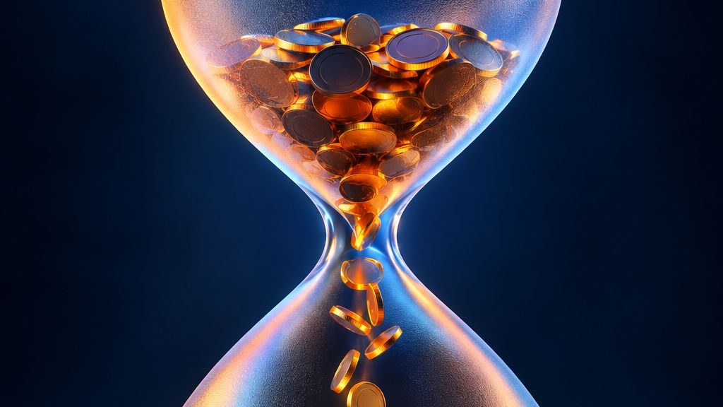 Hourglass with coins flowing through, representing overnight swap charges over time