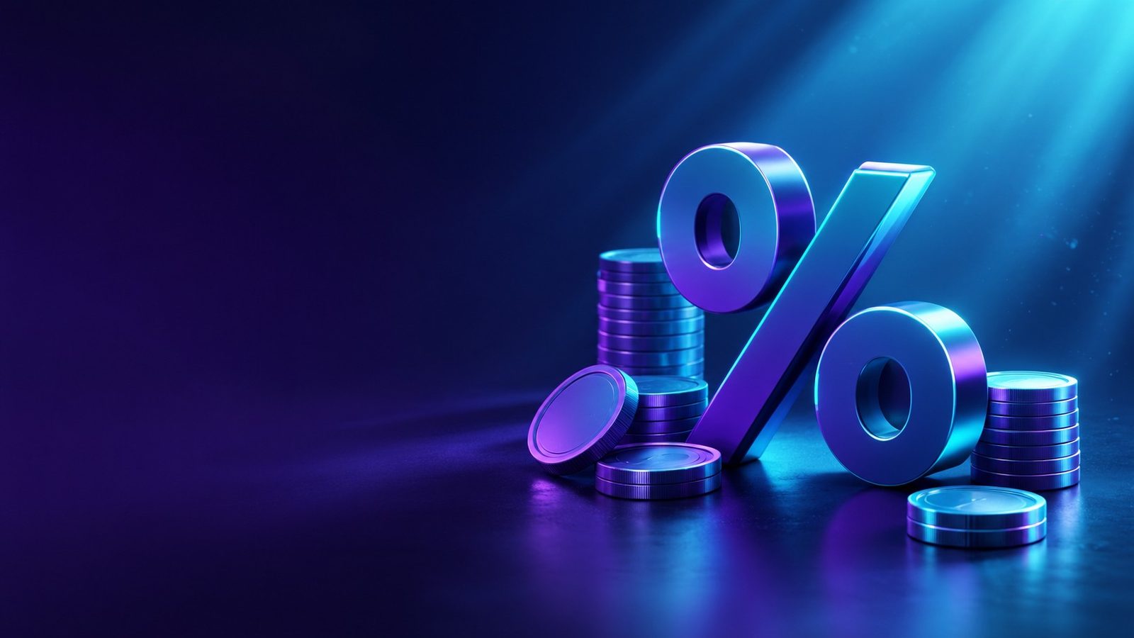 Tanda persen dan koin dalam ilustrasi 3D isometrik sebagai konsep komisi trading
