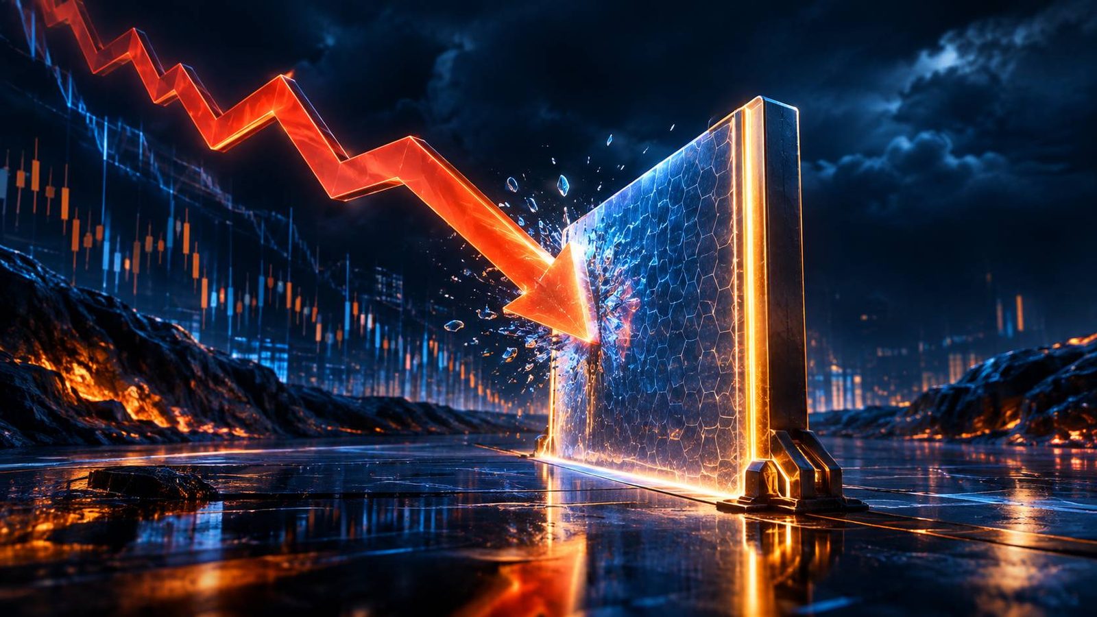 Stop loss and take profit concept: a barrier stopping a falling arrow, 3D render