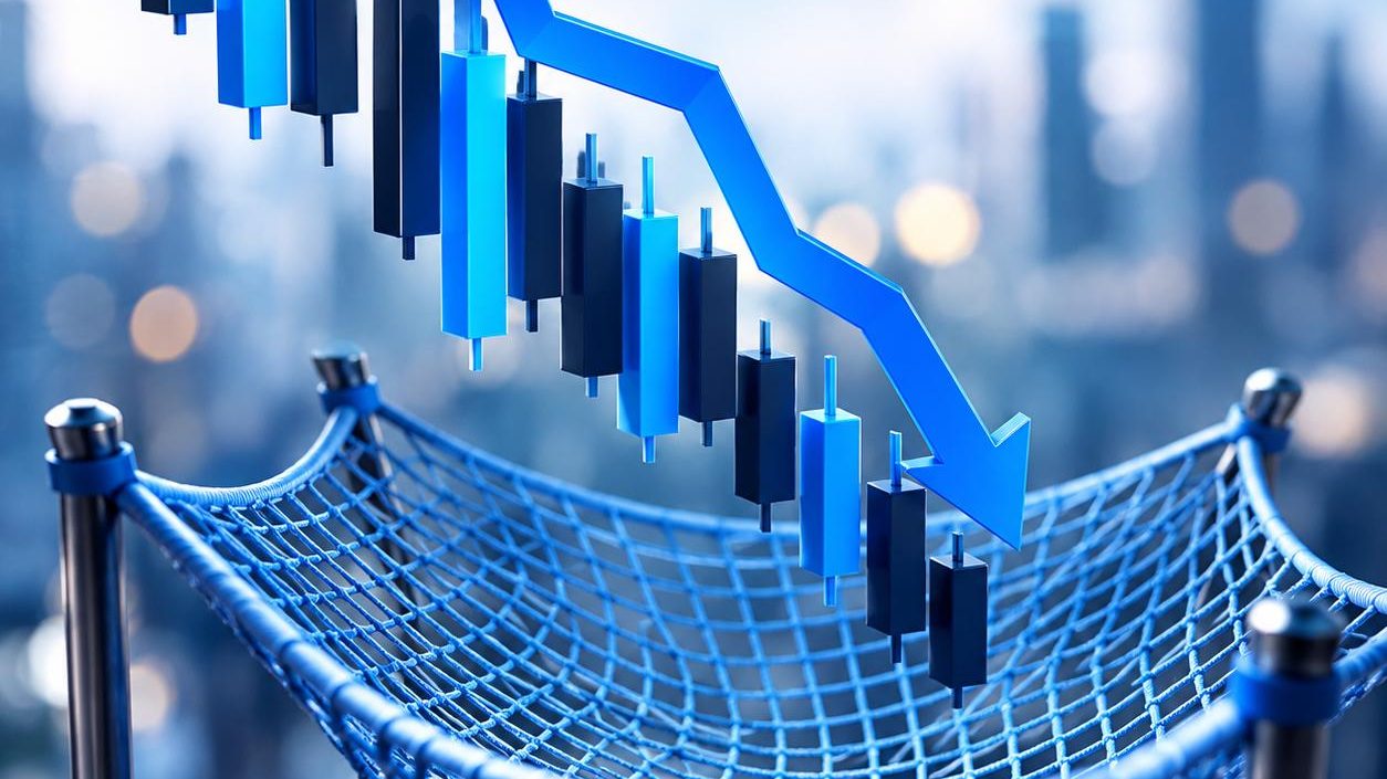 Safety net under a falling chart, illustrating downside protection, isometric 3D