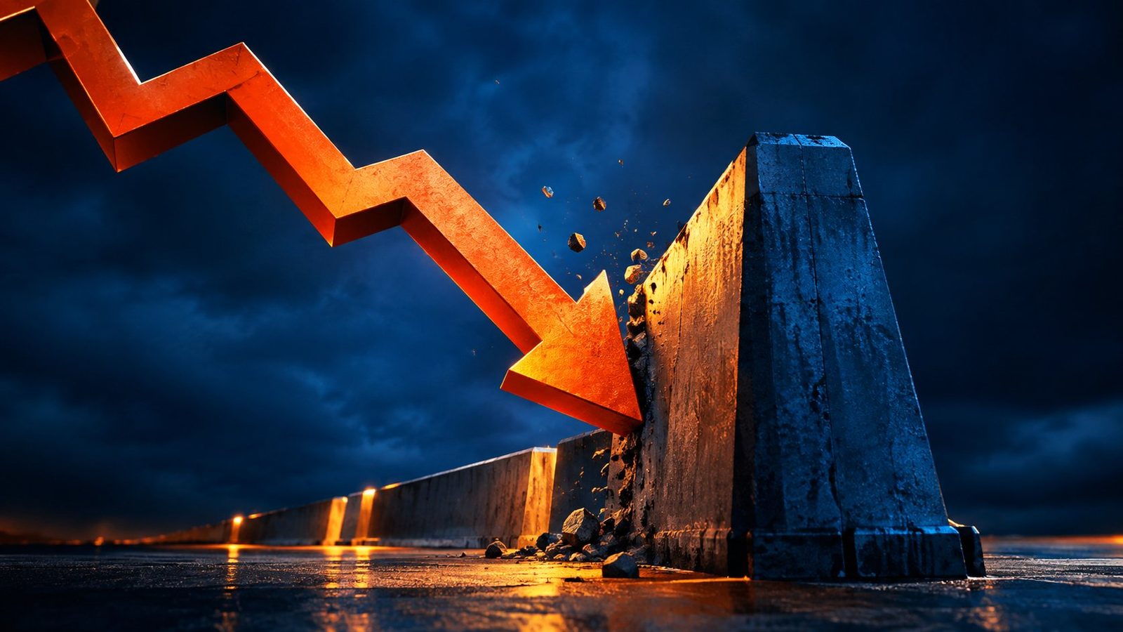 Stop loss dan take profit: penghalang yang menghentikan panah turun, foto editorial
