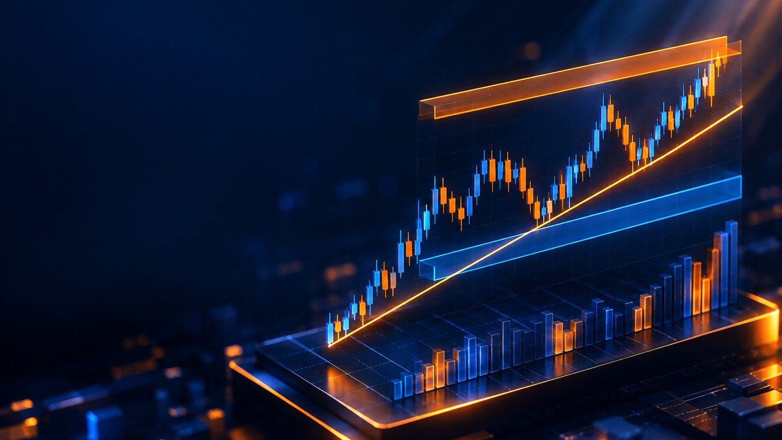 Support and resistance zones with a trend line visualised in an isometric 3D illustration
