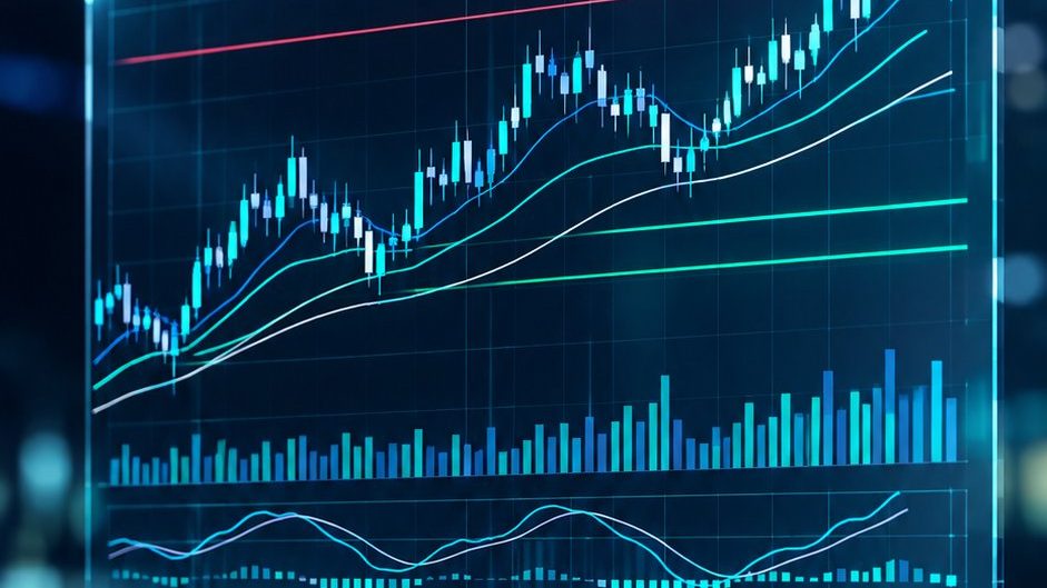 Transparent chart with trend lines, horizontal price levels and moving averages, 3D render