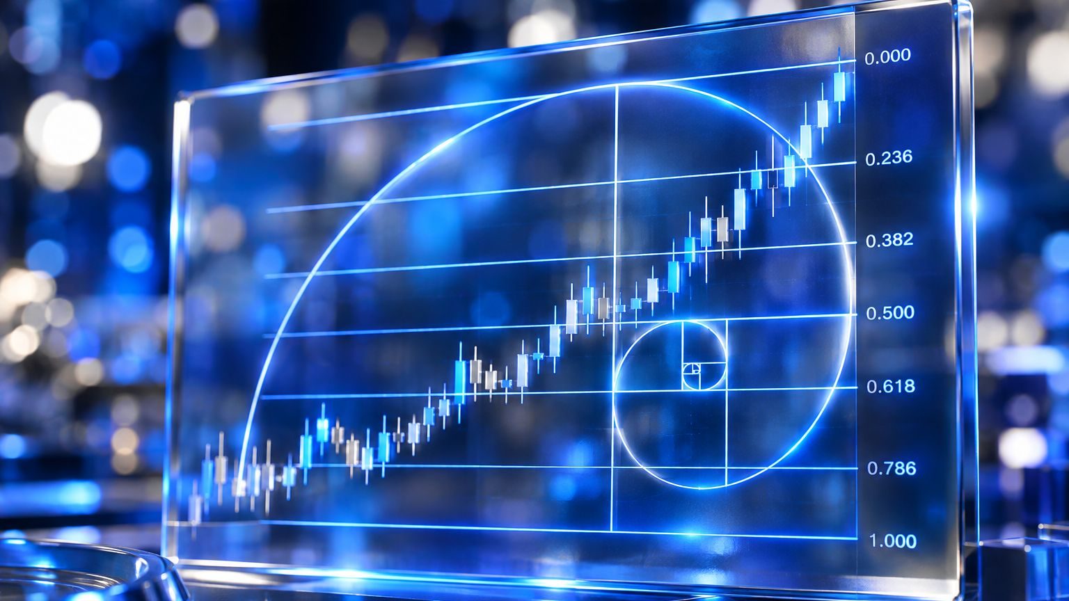 Fibonacci retracement levels drawn on a chart in a glassy 3D render