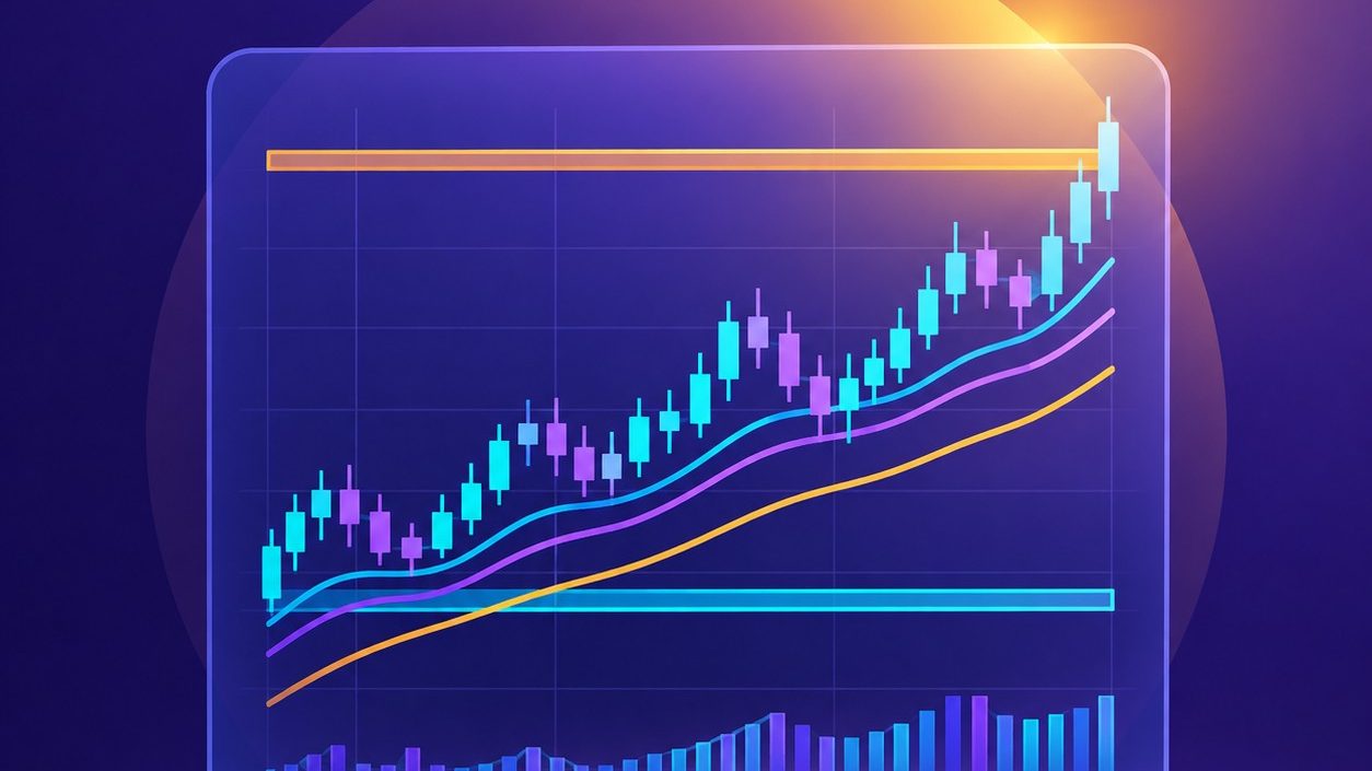 Support dan resistance pada grafik transparan dengan garis tren dan moving average, ilustrasi vektor