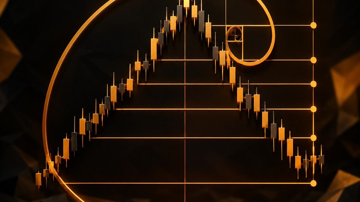 Konsep retracement Fibonacci pada grafik harga dalam seni 3D low-poly