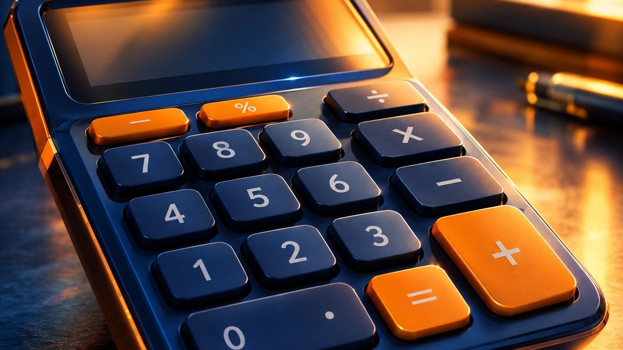 Lot size calculator concept: a 3D calculator icon in a cinematic render