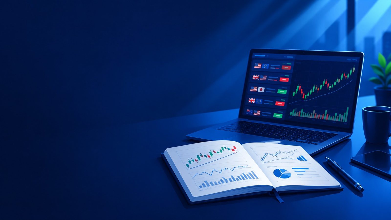 Open notebook with chart sketches beside a laptop showing currency pairs, flat vector
