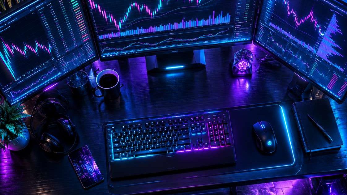 Foto meja trader dengan keyboard, tempat menghitung ukuran posisi sebelum order