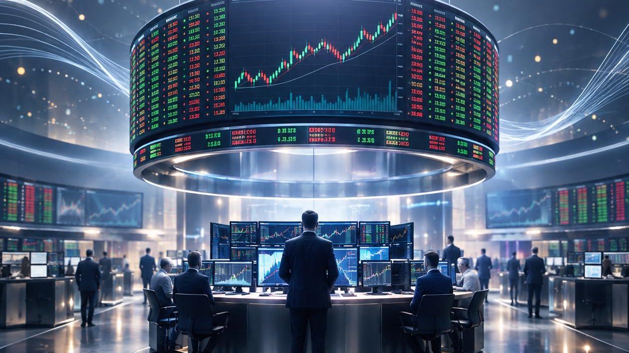 تداول الأسهم الأمريكية: قاعة بورصة حديثة بشاشات كبيرة لأسعار خضراء وحمراء، رسم بأسلوب البيانات