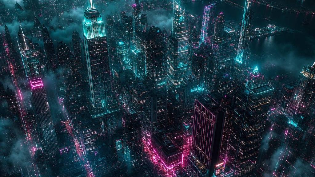 أفق مدينة نيويورك موطن وول ستريت، فن رقمي مستقبلي