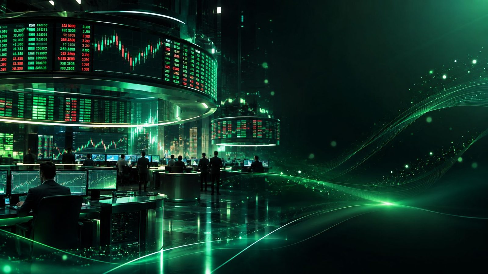 Modern stock exchange trading floor with large screens of green and red tickers