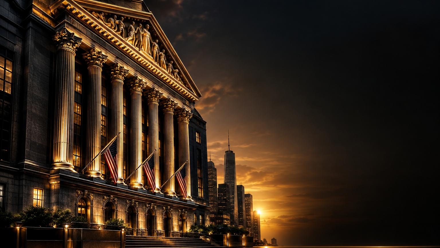 Classic stock exchange building with columns at dusk, home of major US shares