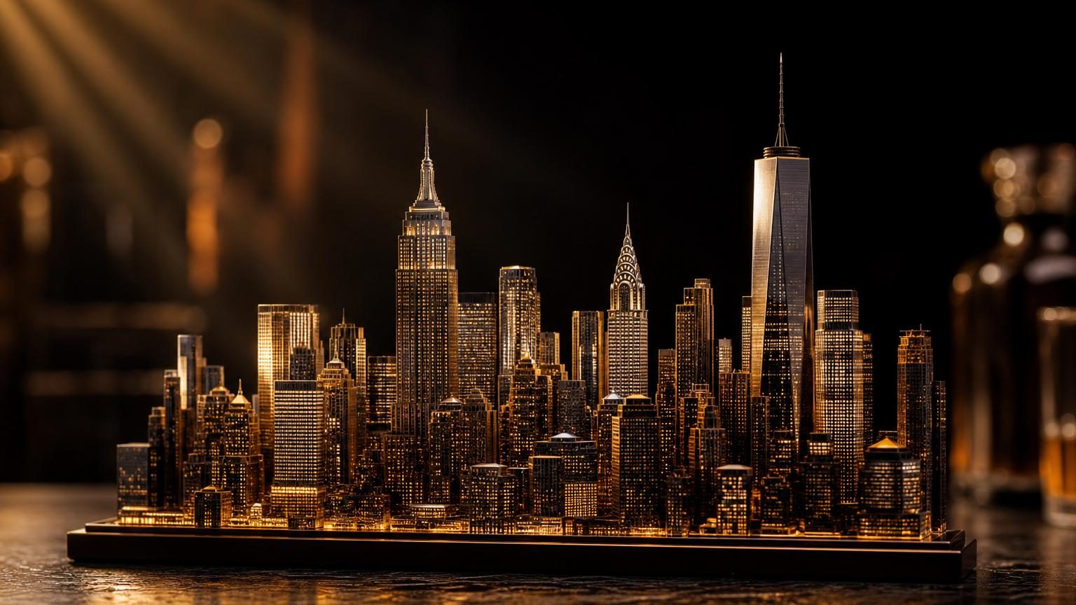 Trading saham Amerika: cakrawala kota New York dalam render 3D bergaya produk