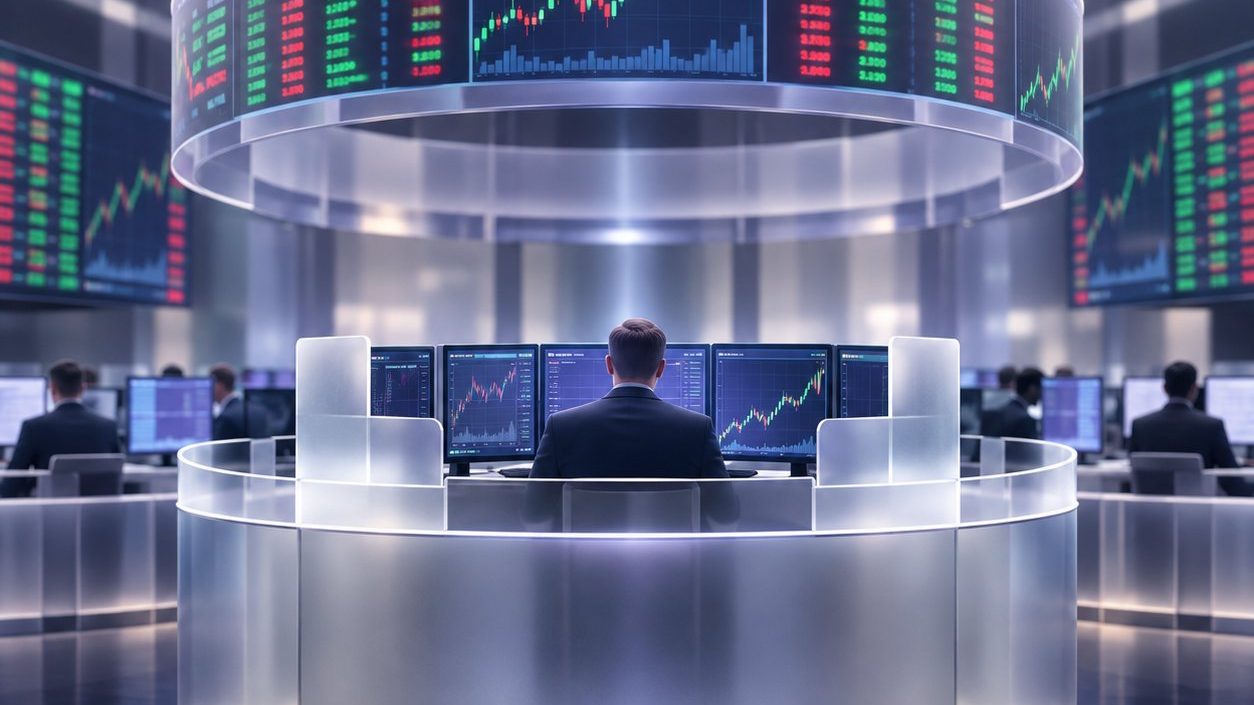 Lantai bursa saham modern dengan layar besar berisi ticker hijau dan merah, ilustrasi 3D kaca