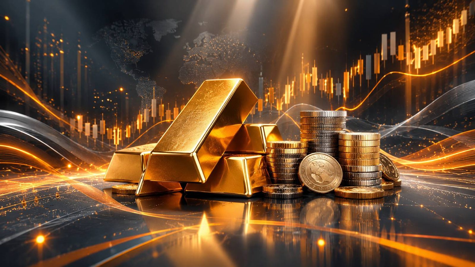 XAUUSD: سبائك ذهب بجانب عملات معدنية مع رسم بياني للأسعار في الخلفية، رسم بأسلوب البيانات