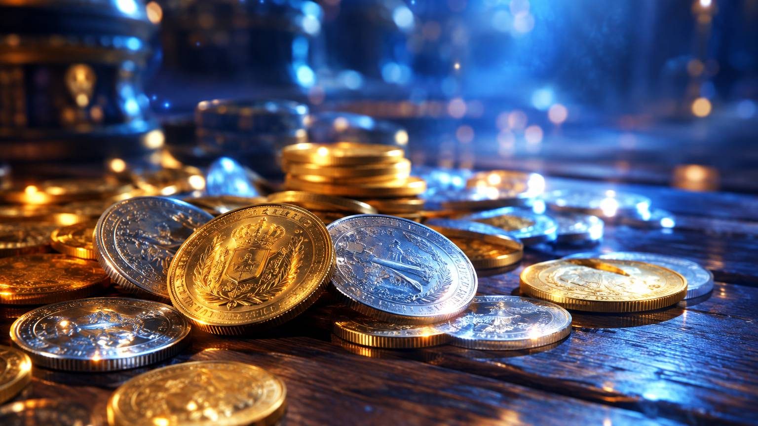 XAUUSD concept: gold and silver coins scattered on a wooden table, digital painting