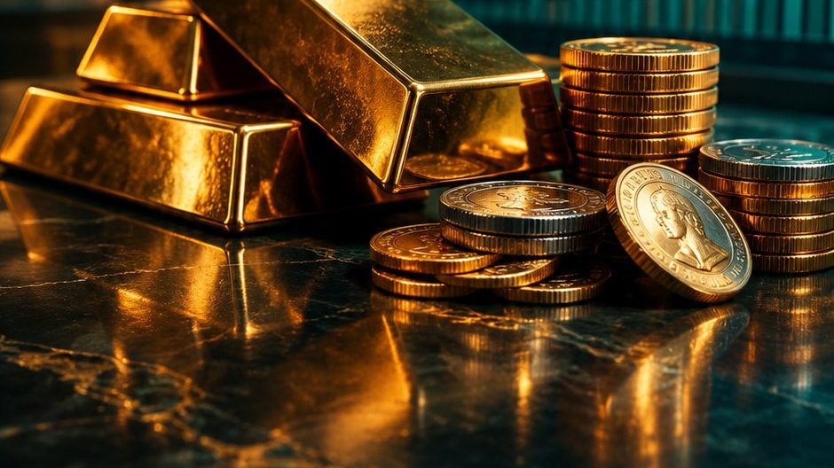 Gold bars next to currency coins with a price chart backdrop, gold versus the dollar